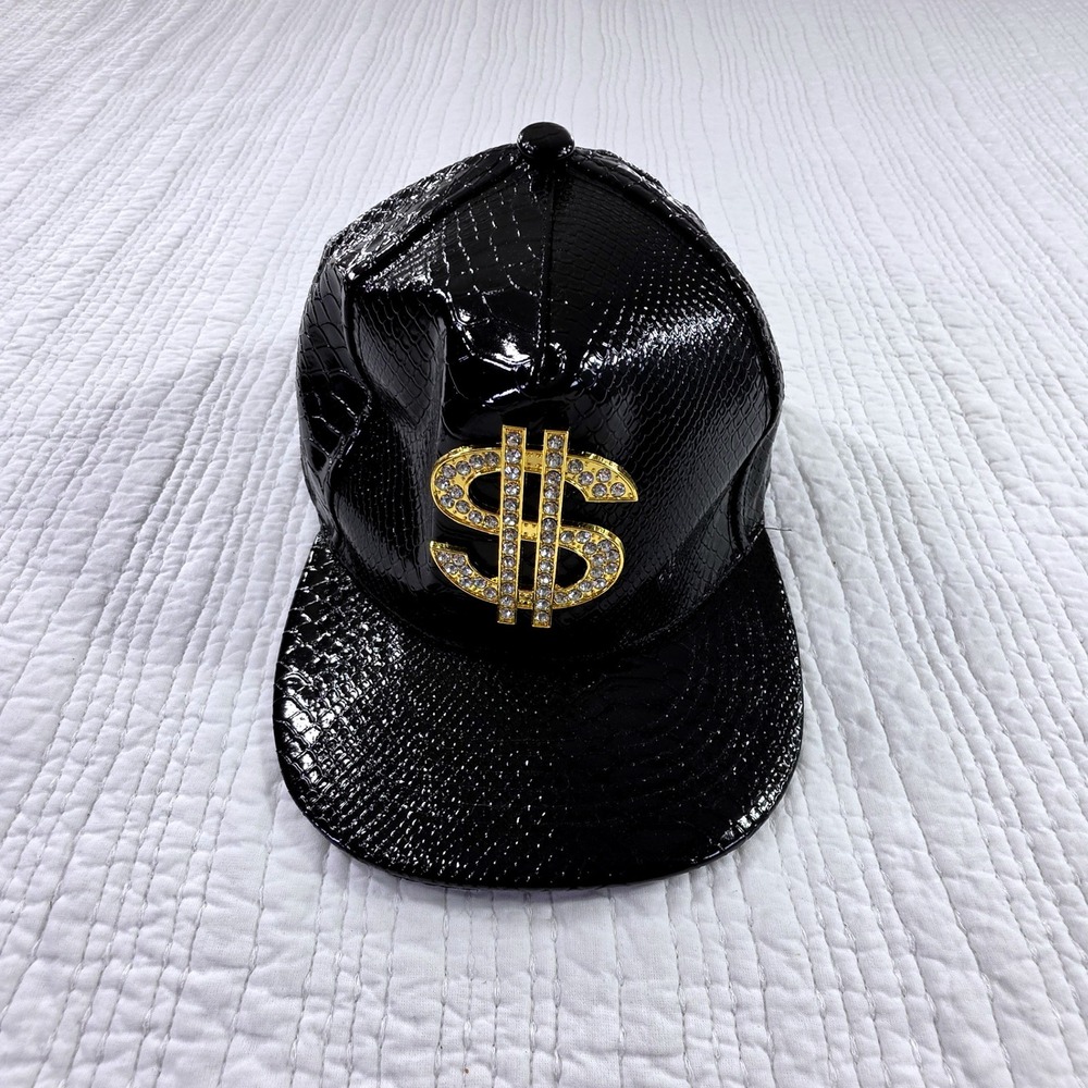 Unbranded Dollar Sign Snapback Hat Mens OSFM Black EUC Rhinestone Faux Snakeskin